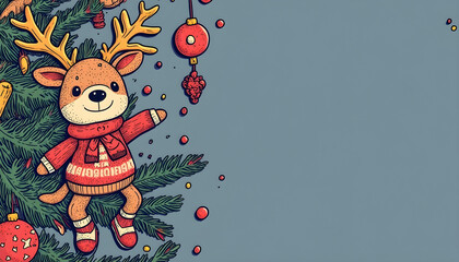Fototapeta premium Cute knitted reindeer doll hanging on Christmas tree, surrounded by festive ornaments and decorations, evoking joyful holiday spirit