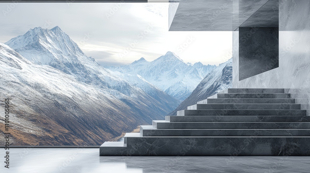 Poster modern architecture with a view of snow-capped mountains through a large window.