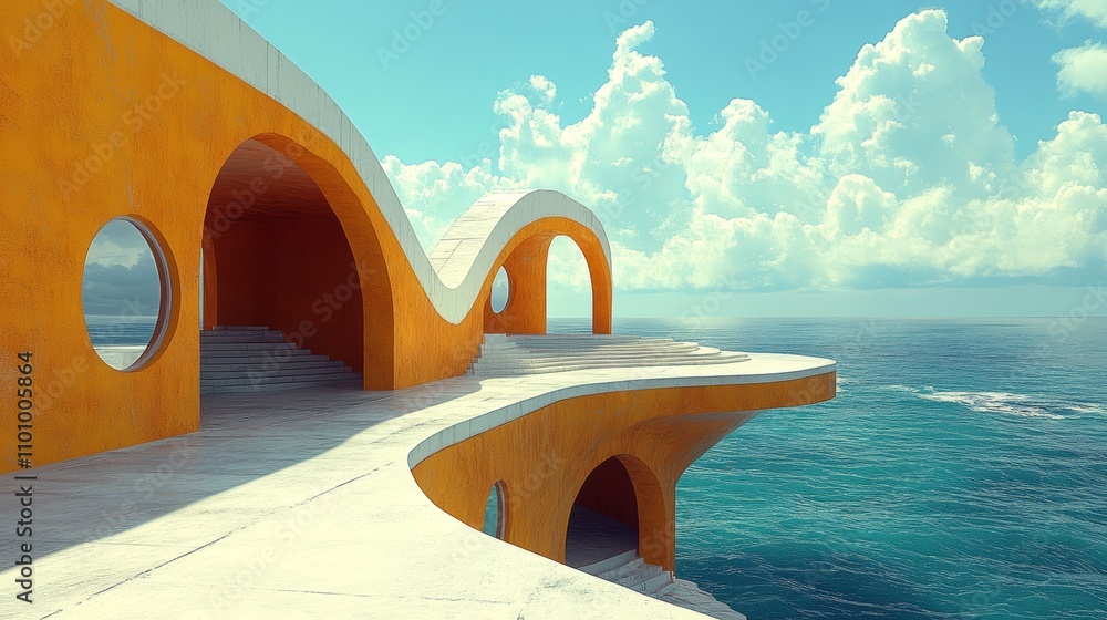 Poster modern architecture with curved lines and a white marble floor overlooking the ocean.