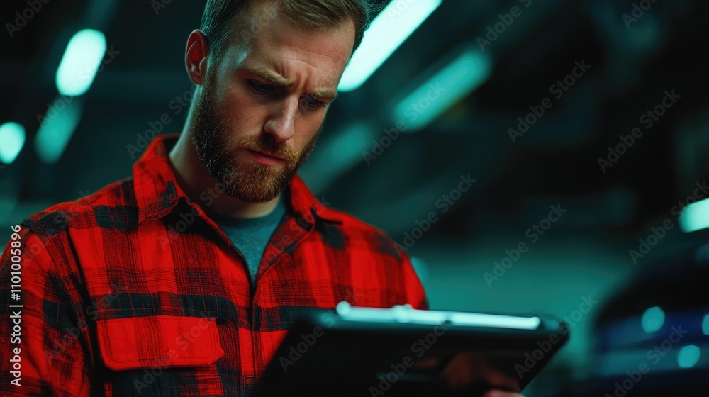 Poster auto repair mechanic consulting repair manual in garage for troubleshooting and resolving vehicle is