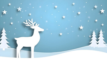 serene winter scene featuring white reindeer against blue background, surrounded by snow covered trees and twinkling stars, evokes whimsical holiday spirit