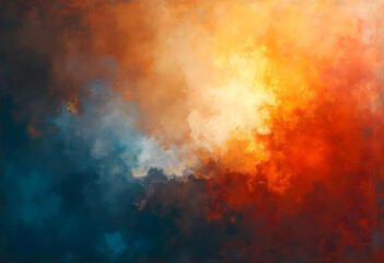 Fototapeta premium Abstract painting with vibrant colors blending together, showcasing mix of orange, blue, and yellow hues. texture creates dynamic and emotional atmosphere