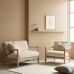 Minimalist, japandi style interior design of modern living room. Boucle sofa and accent armchair against beige wall with frame