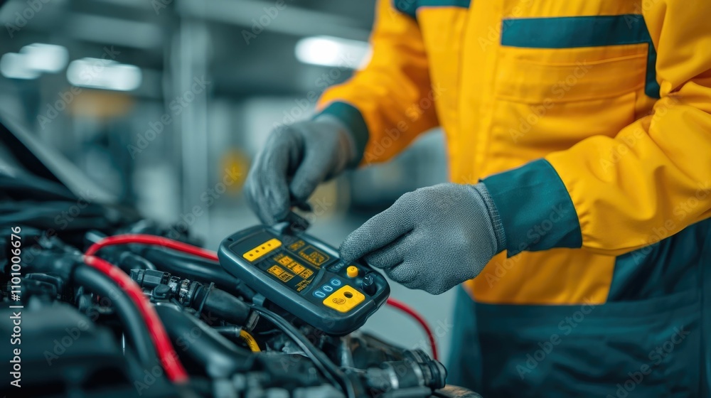 Poster professional mechanic using advanced automotive diagnostic tools and equipment to troubleshoot and a