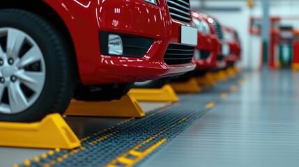 Obraz premium Precision wheel alignment equipment meticulously adjusting and calibrating the wheels of a car in an organized automotive service center ensuring optimal vehicle performance and safety