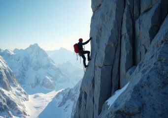 Climber scaling a steep rock face in a mountainous winter landscape