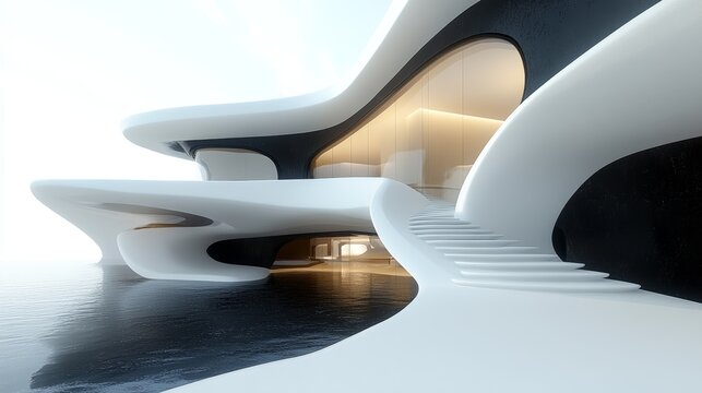 Modern, futuristic architecture with a white exterior, large windows, and a set of stairs leading up to the entrance.