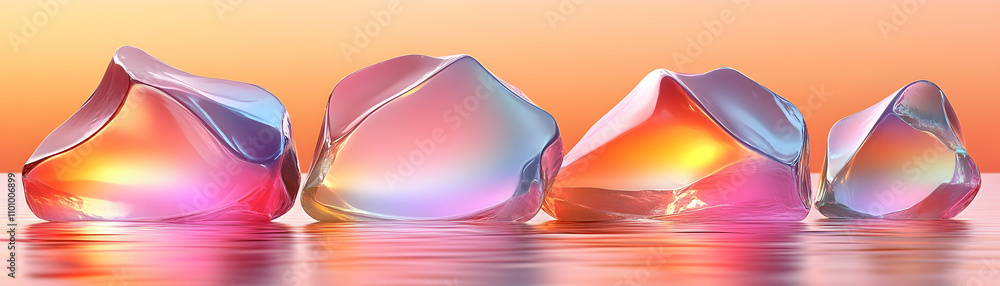 Poster iridescent gemstone abstract shapes reflecting on a glossy surface.