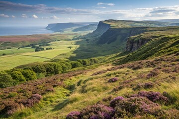 Fototapeta premium Lush green moors and heather stretching towards the cliffs, rugged terrain, natural beauty, moorland hills, heather landscapes, Irish countryside