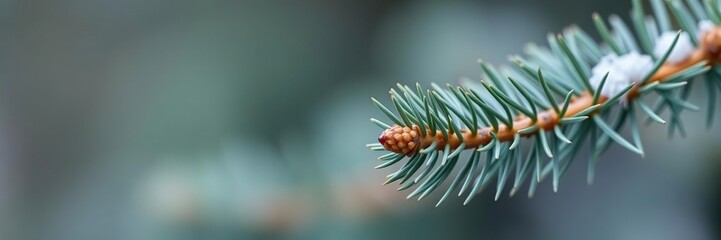 Macro shot of a single fir needle on a branch, outdoors, coniferous, forest
