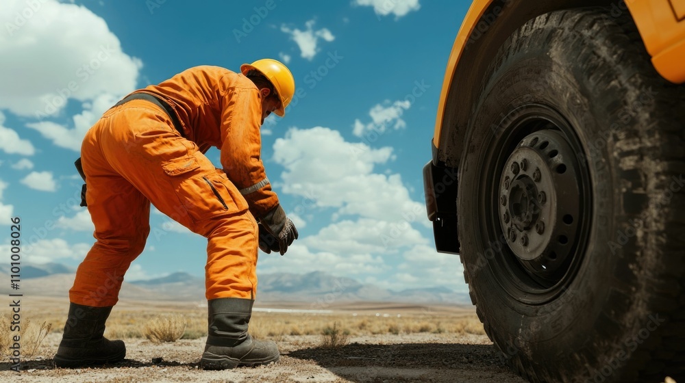 Poster roadside assistance worker fixing flat tire using portable tools in remote desert landscape mechanic