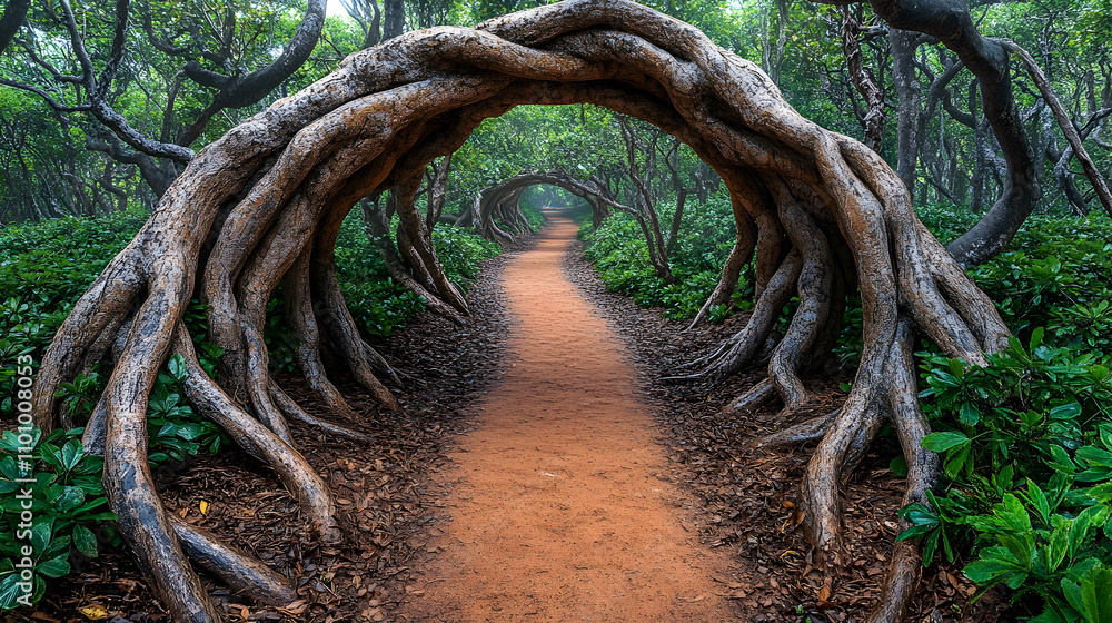Poster mystical tree archway path in lush forest.