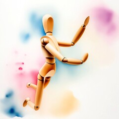 wooden mannequin holding a sign