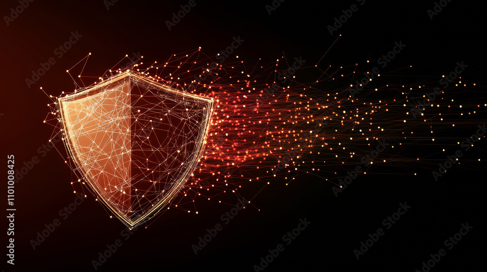 Poster a simple computer screen shows a protective shield. it's a network security image, made of lines and