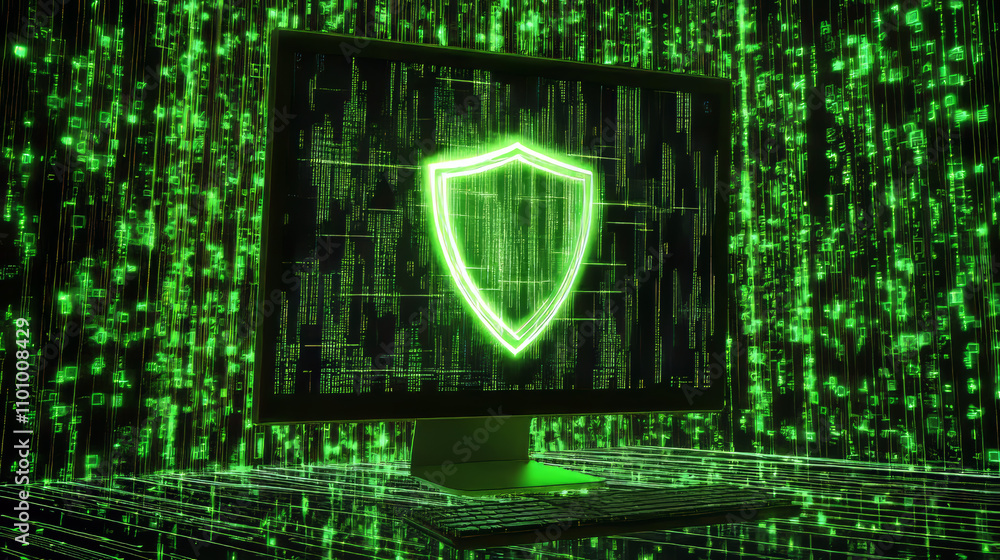 Poster a simple computer screen shows a protective shield. it's a network security image, made of lines and