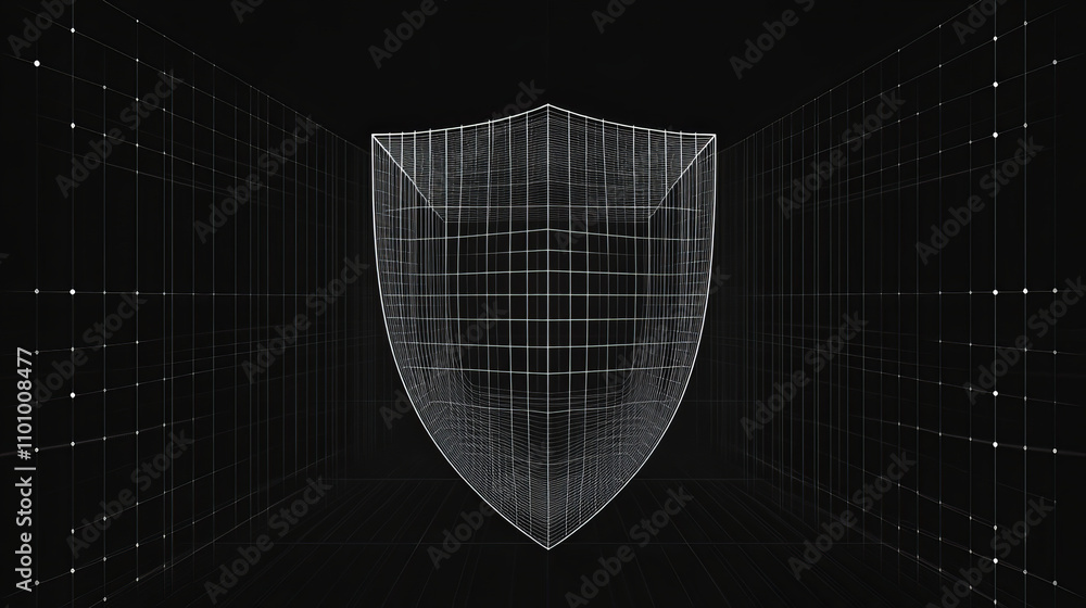 Poster a simple computer screen shows a protective shield. it's a network security image, made of lines and