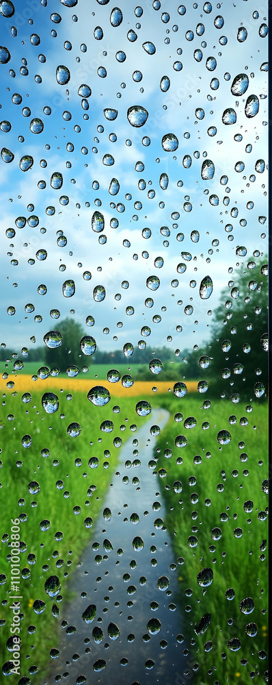 Poster rainy day view through wet windowpane, showing a path and green field.