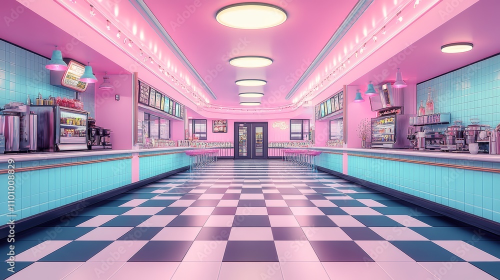 Poster retro diner with pink and blue color scheme, checkered floor and counter space.