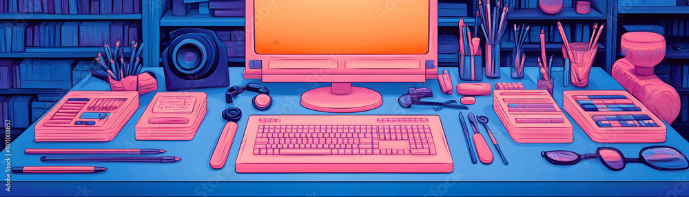 Poster retro computer setup on desk with supplies.