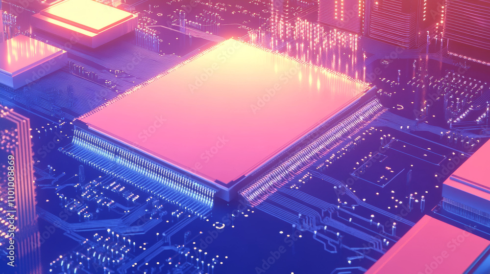 Poster a shiny ai chip sits on a blue circuit board. it's a computer processor, shown in a digital illustra