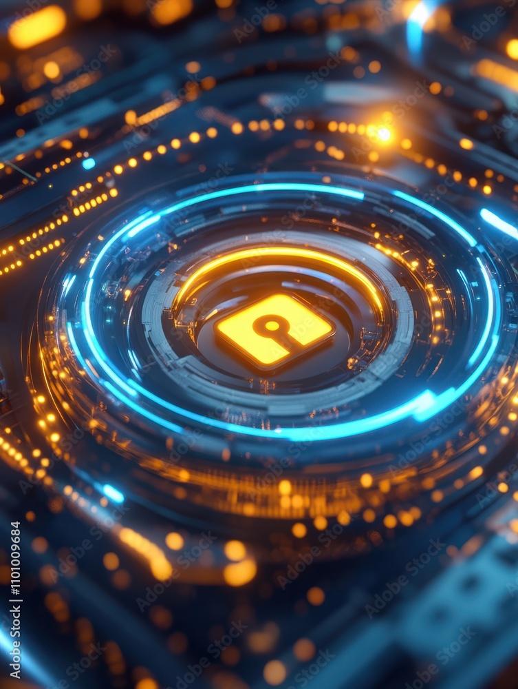 Poster network security concept with glowing lock sign in yellow and blue rings on abstract glowing backgro