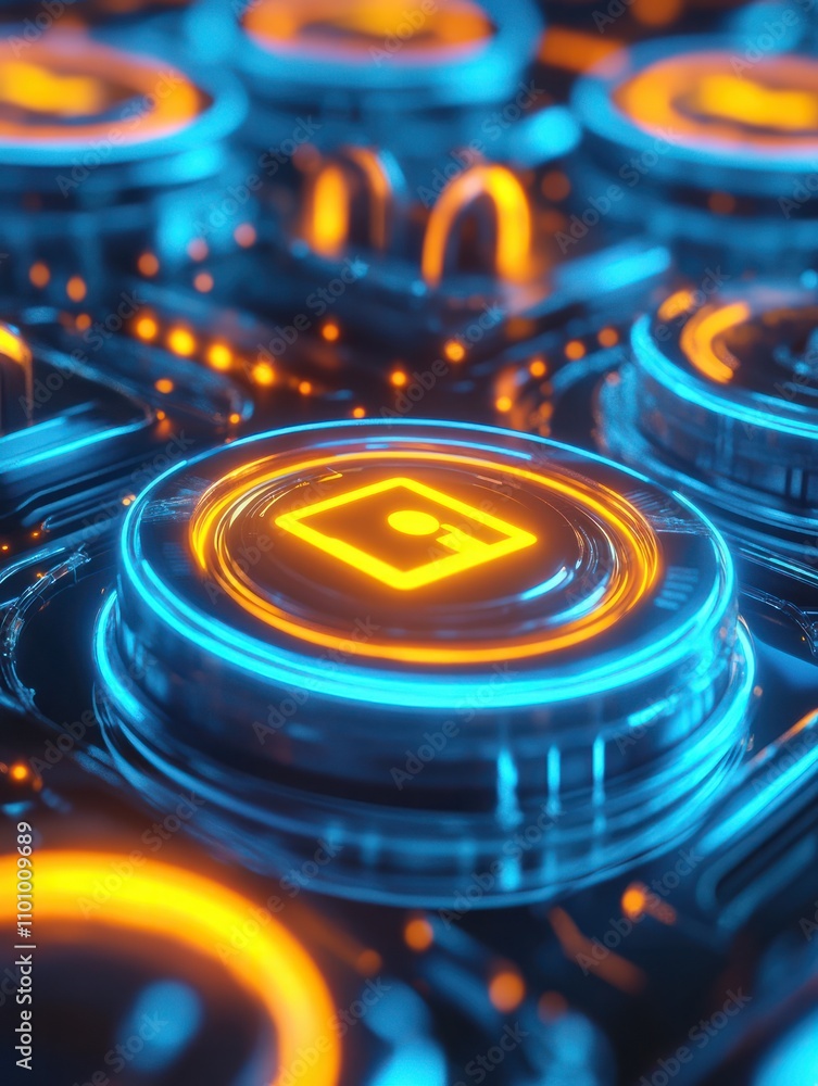 Poster network security concept with glowing lock sign in yellow and blue rings on abstract glowing backgro