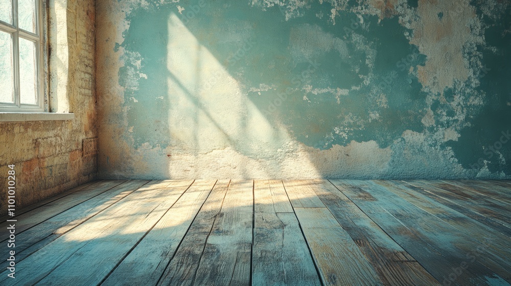 Aufkleber sunlight streams through a window and illuminates a rustic room with peeling turquoise paint and woo