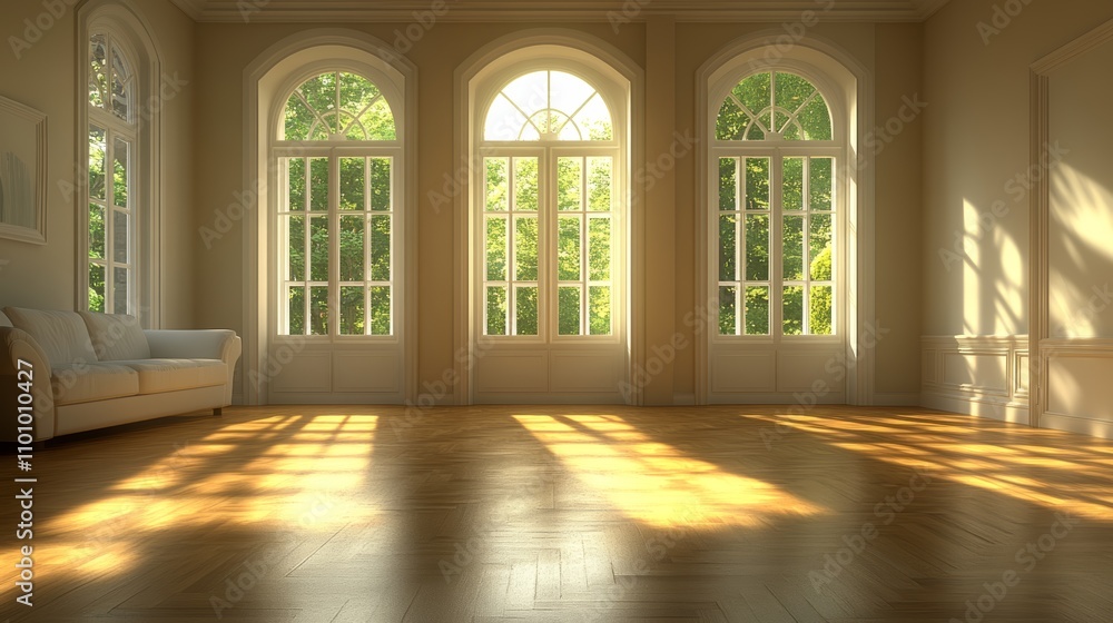 Poster sunlight streams through arched windows into an empty room with hardwood floors and a white couch.