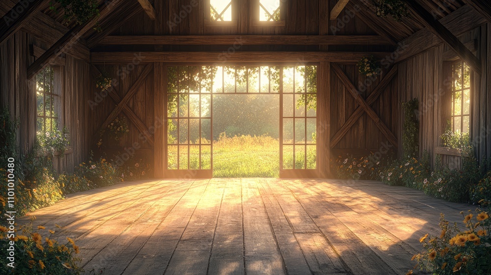 Poster sunlight streams through the open doors of a rustic barn, illuminating the wooden floor and casting 