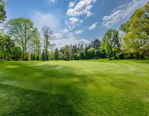 Fototapeta premium Lush green grass, rolling hills, blue sky with clouds