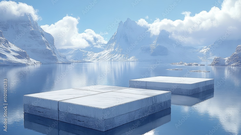 Poster two white platforms floating on a calm lake with a snowy mountain range in the background.