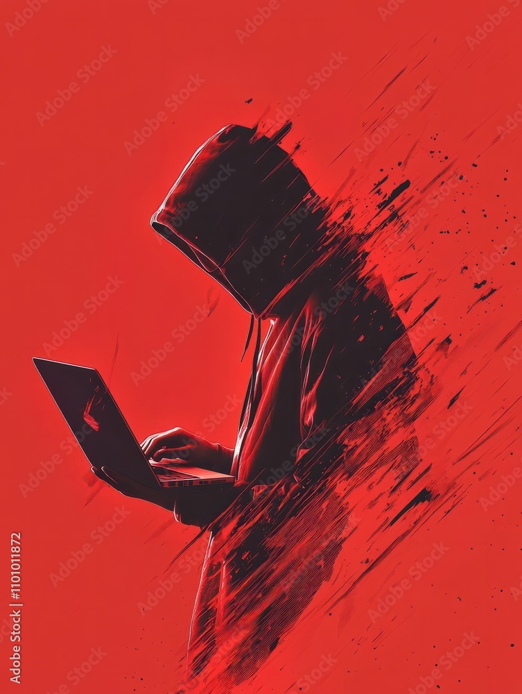 Poster red shadows faceless hackers in hoody using laptop and abstract virtual technological symbols, perso