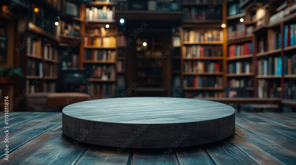 Poster wooden pedestal on a table in front of a bookshelf filled with books.