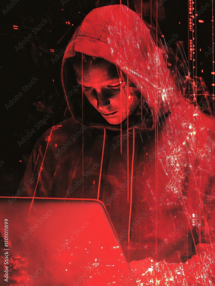 Poster red shadows faceless hackers in hoody using laptop and abstract virtual technological symbols, perso