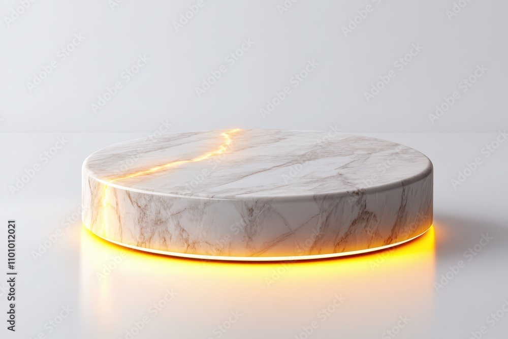 Poster minimalist round marble podium presentation concept. elegant marble display stand with glowing edge,