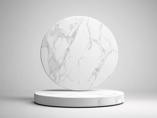 minimalist round marble podium presentation concept. Elegant marble pedestal with a round top on a white isolated background.