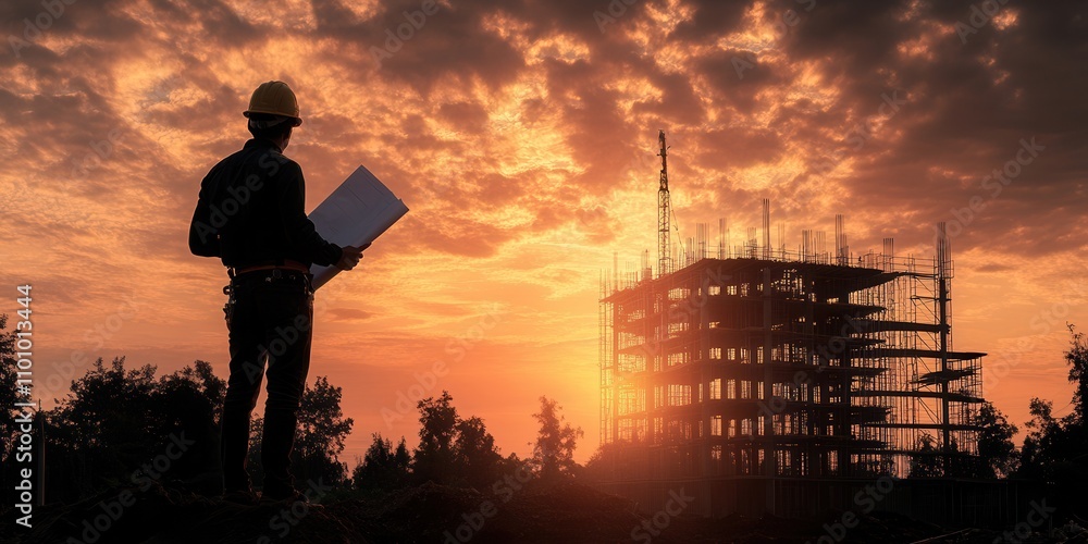 Poster a silhouetted construction worker examines blueprints against a dramatic sunset, with a partially bu