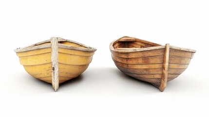 Obraz premium Two wooden boats one in a warm yellowish tone and the other with a polished brown finish