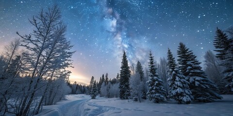 Fototapeta premium Snowflakes gently fall on a peaceful winter forest scene illuminated by soft starlight and the Milky Way, snowfall, forest landscape, milky way