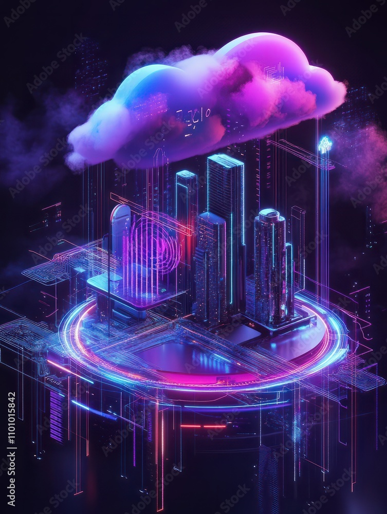 Poster virtual information protection, online data storage safety. cloud-based engine, cloud engineering, c