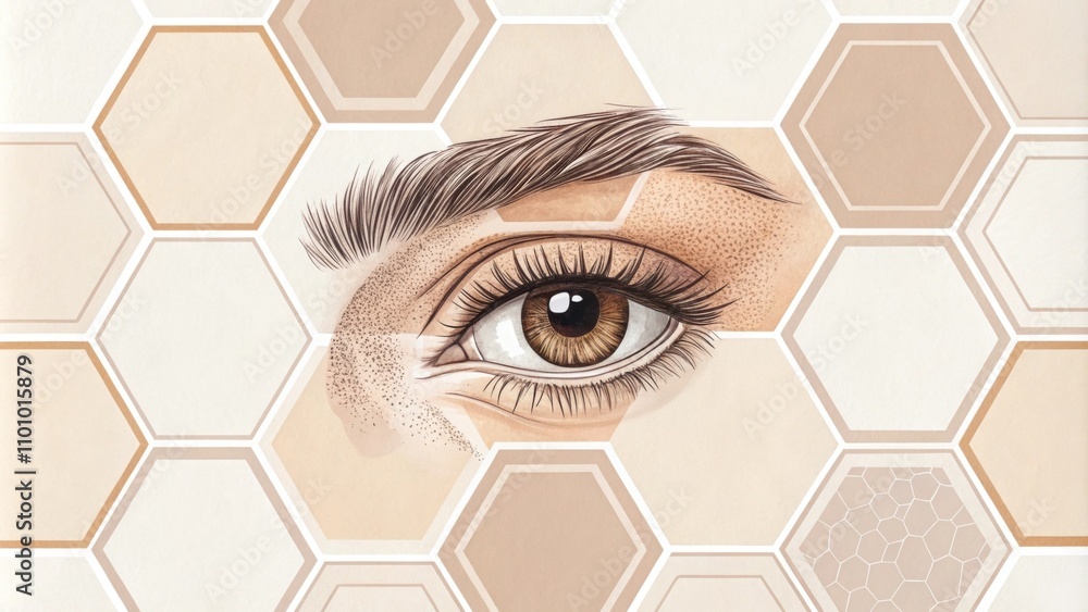 Poster a captivating gaze set against a field of interlocking hexagons in soft neutrals enhancing the subje