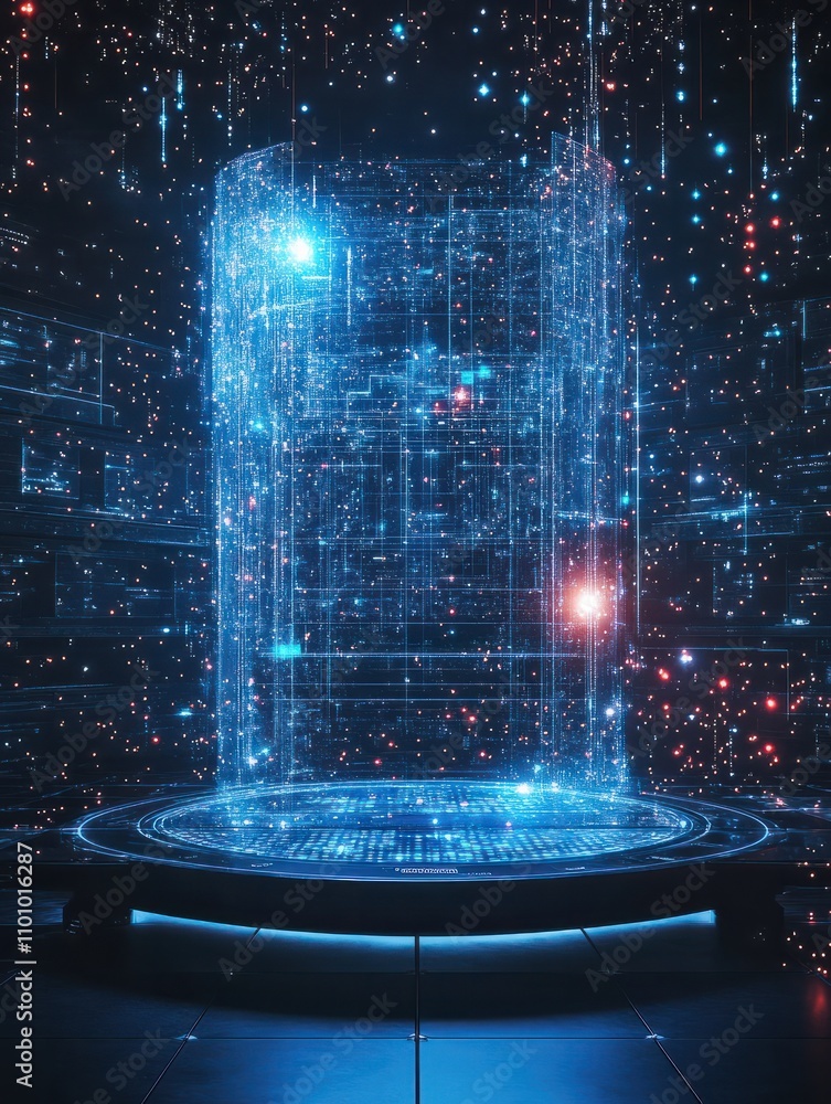 Poster wide computer icon hologram on dark blue background. digital transformation concept. 3d rendering