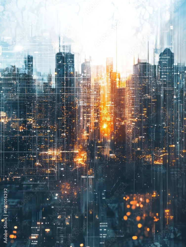 Poster wide image of abstract city background with digial grid and mesh. web, network, map and information 