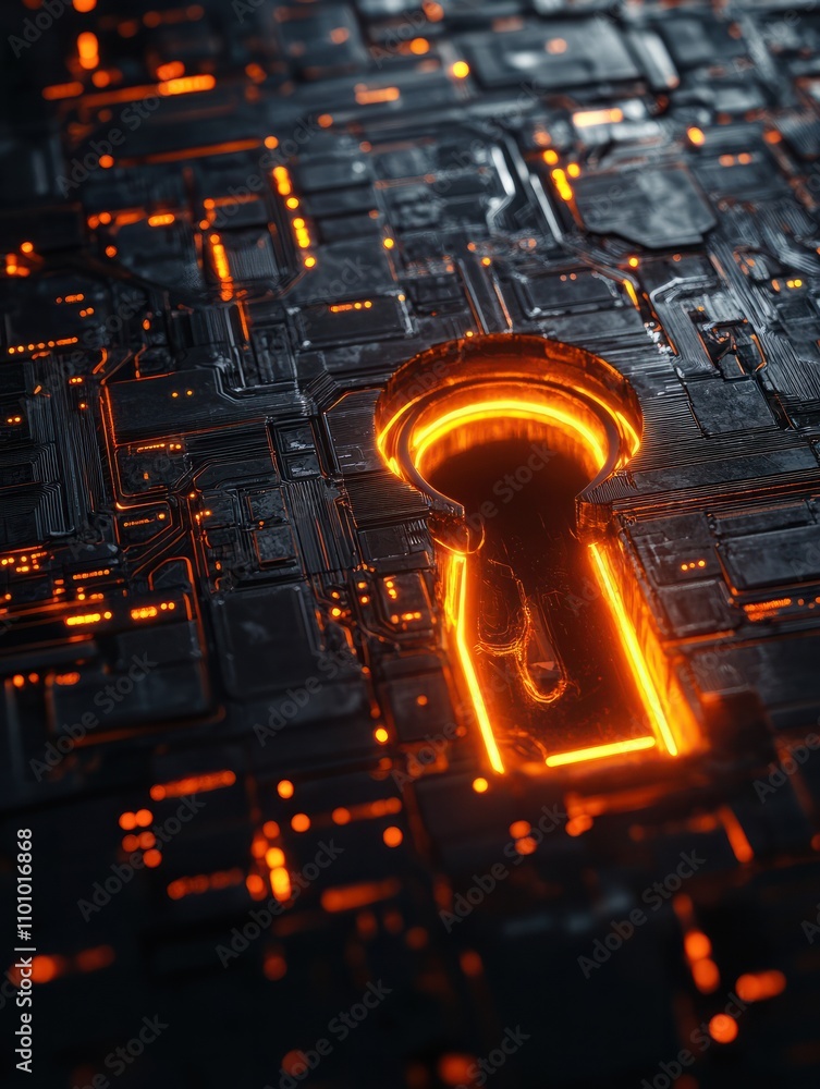 Poster world security technology concept with digital keyhole and glowing lock signs at abstract dark backg