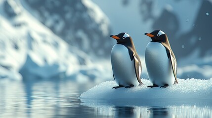 Obraz premium Penguins on an iceberg symbolize the beauty and fragility of life in extreme environments.