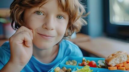 Naklejka premium A child showing a lunchbox with allergy-friendly food options.