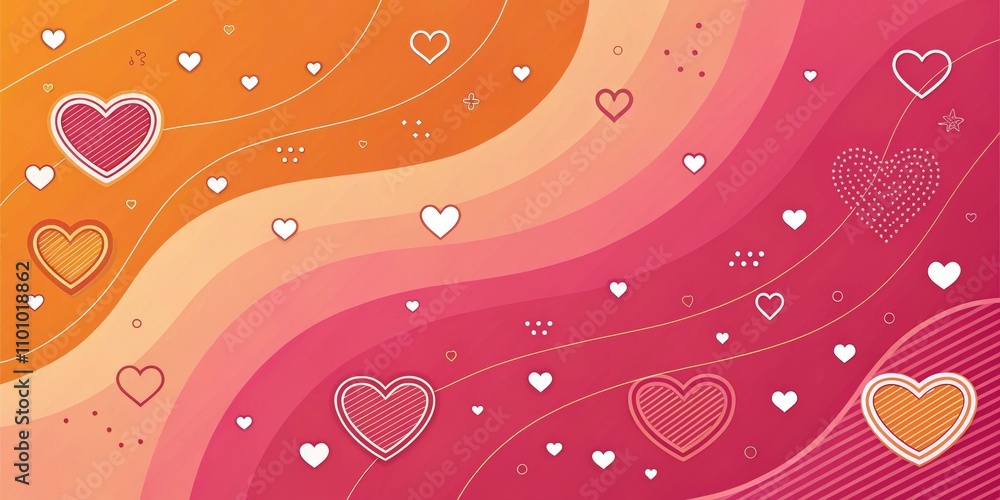 Poster vibrant heart pattern on wavy background with retro design elements
