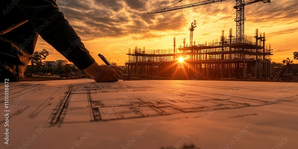 Poster a construction worker sketches plans at sunset, showcasing an evolving building site with cranes aga