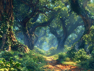 An enchanting woodland with grand, sprawling trees, vibrant plant life, and an otherworldly glow. The image is captured in high definition, showcasing the intricate details.