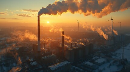 Fototapeta premium Pollution from factory smokestacks contrasts with clean energy solutions like wind turbines, illustrating the need for sustainable practices.